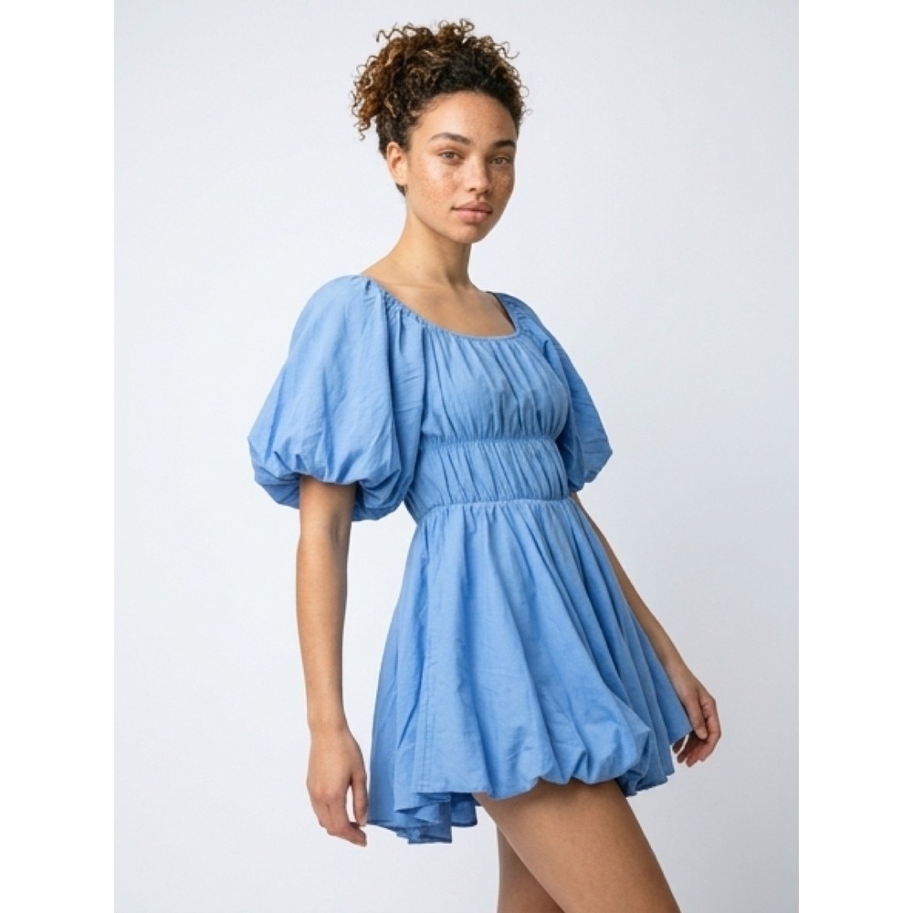 &merci Mini Dress Women M Blue Excellent Smocked Puff Sleeve Pockets